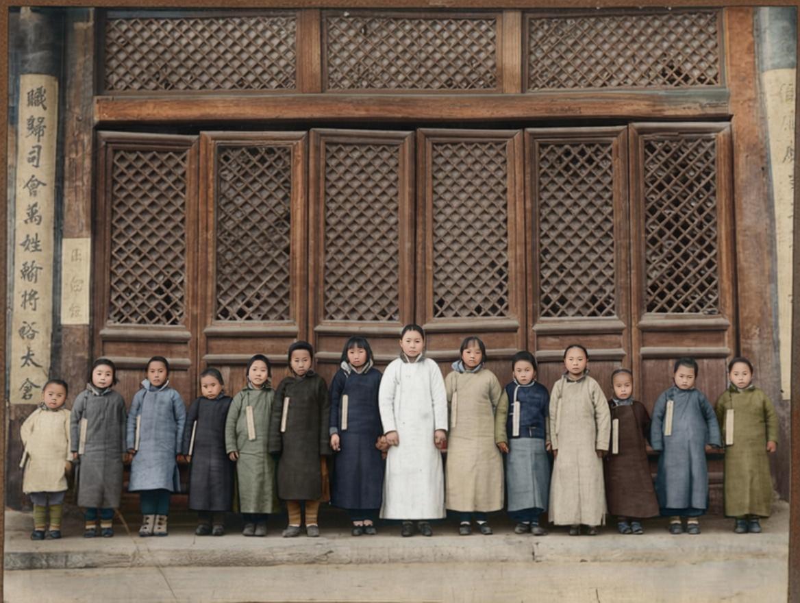 这就是清代末挑选宫女的真实现场。照片中共有十一位孩童，整齐地排成一列，站在台阶之