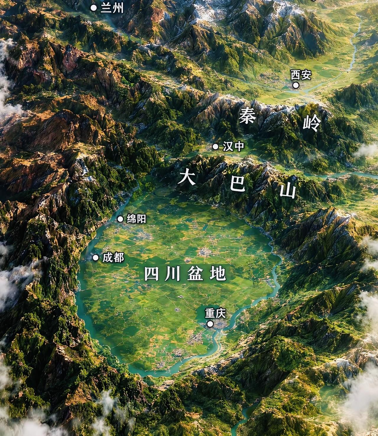 “四川盆地-汉中平原-关中平原”战略地形图，“蜀道之难”难在秦岭，但是现在关中已