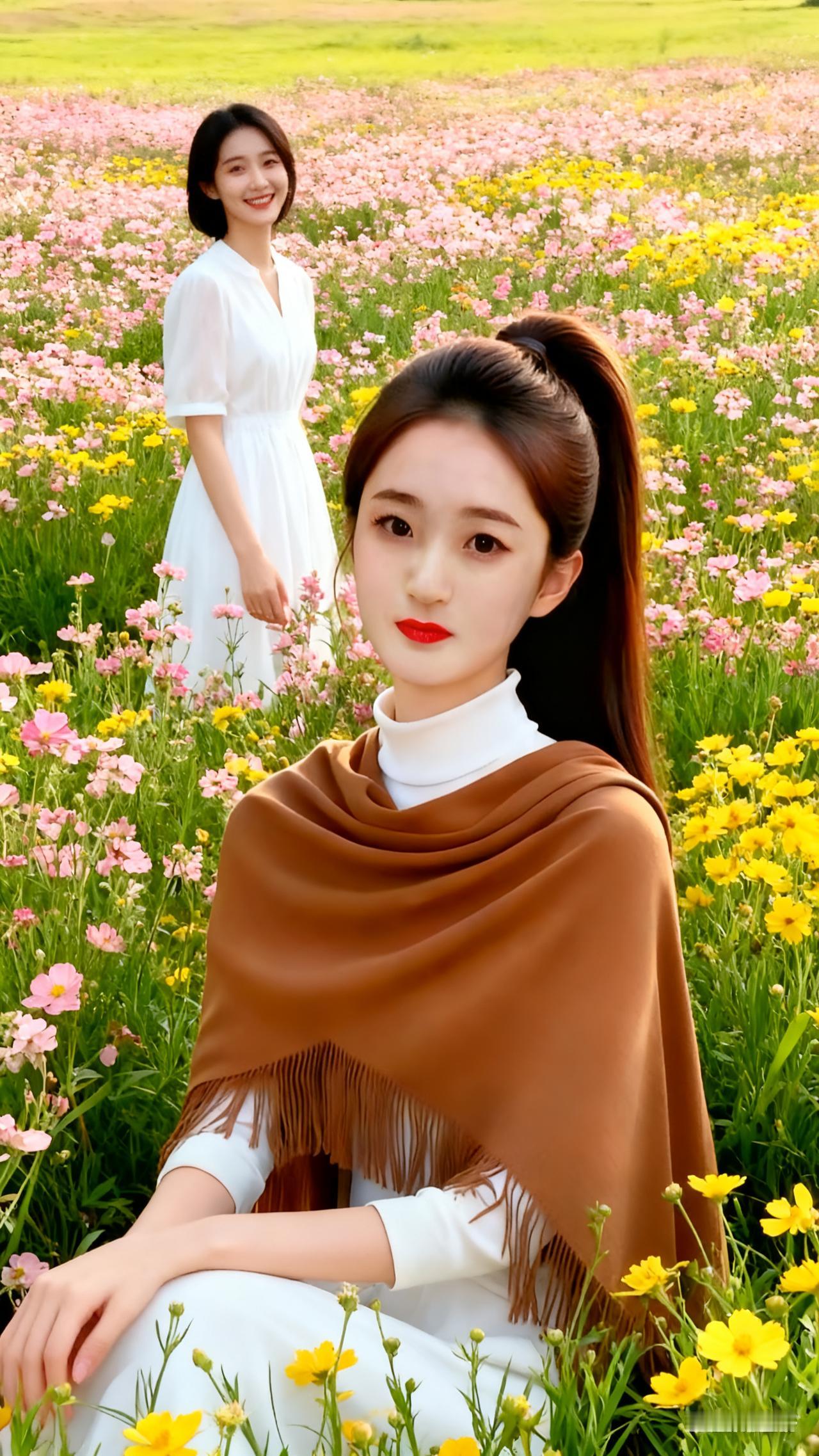 两位美女在花海中留影