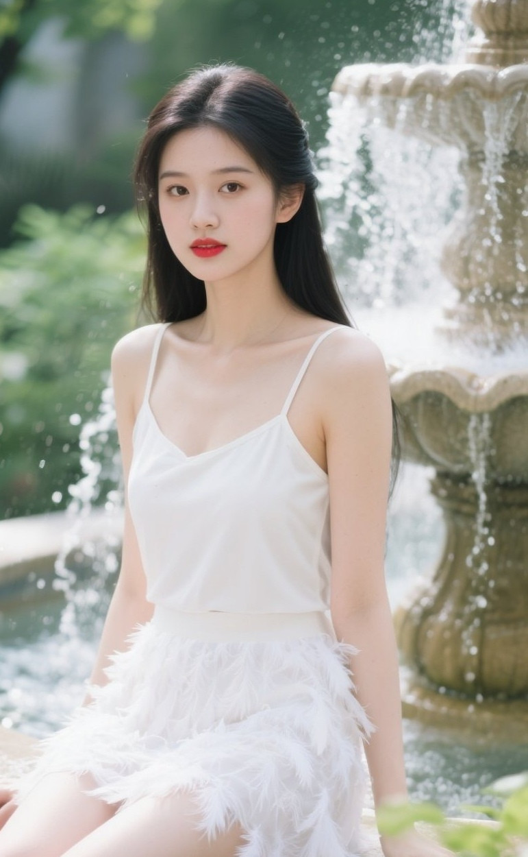 清纯少女戏清泉，水花飞溅映娇颜
