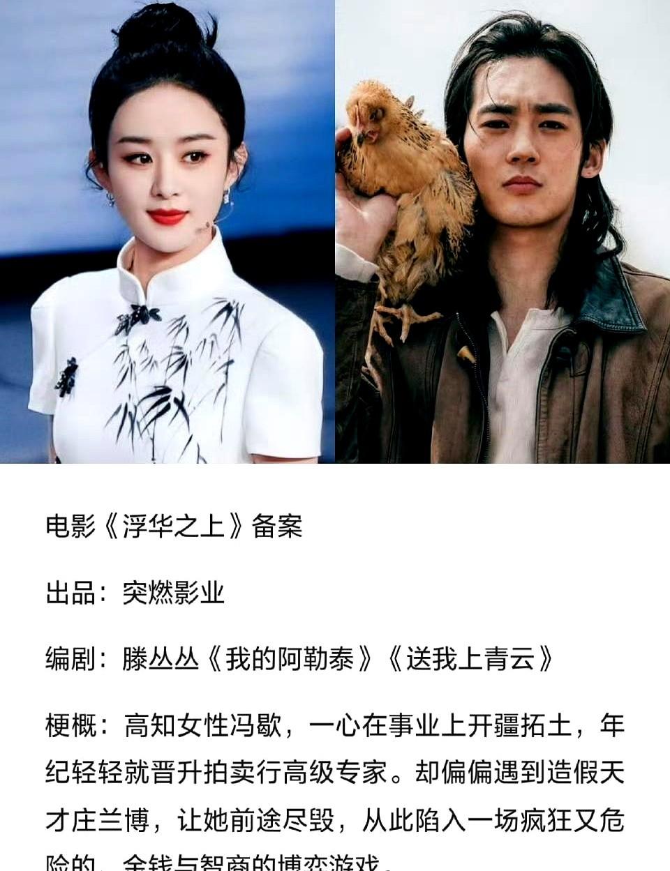 电影《浮华之上》备案了，网传赵丽颖搭档于适？这配置有点意思。一个演拍卖行的高