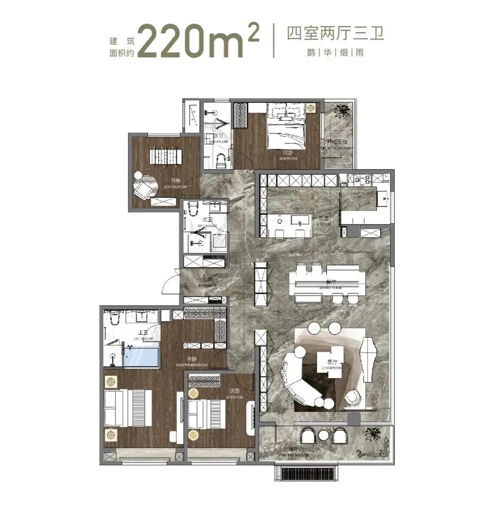 进门玄关做过渡，厨房、餐厅在一侧，做饭备餐不会穿过客厅。客厅空间开阔，待客聚会都