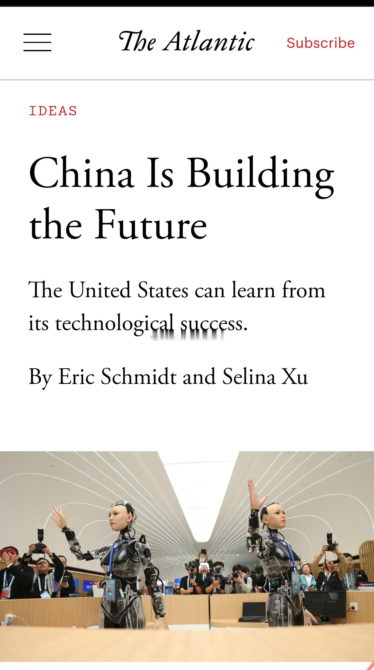 谷歌前董事长里克·施密特在大西洋月刊刊文称,中国在短短几十年间从技术落后跃升为超