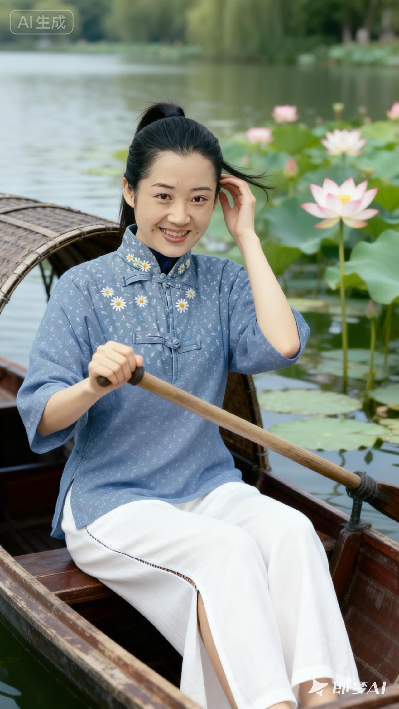 在荷塘里划船，感受夏日的清凉与宁静。