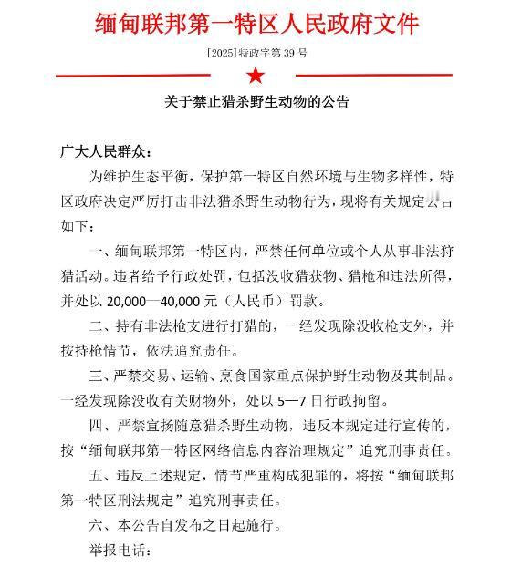 果敢同盟军禁止猎杀野生动物！如有违反者，违反者罚款2万到4万人民币，还有另外