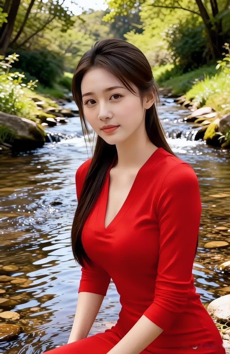 溪水潺潺，红裙映波光。她坐石上，如焰绽幽谷。发丝垂落，拂过清风。林叶