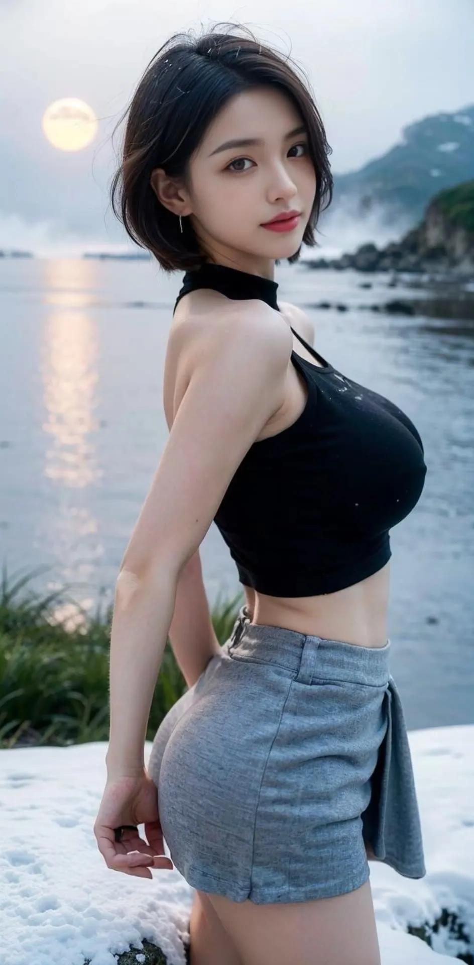 月色照水畔，美人倚石间。