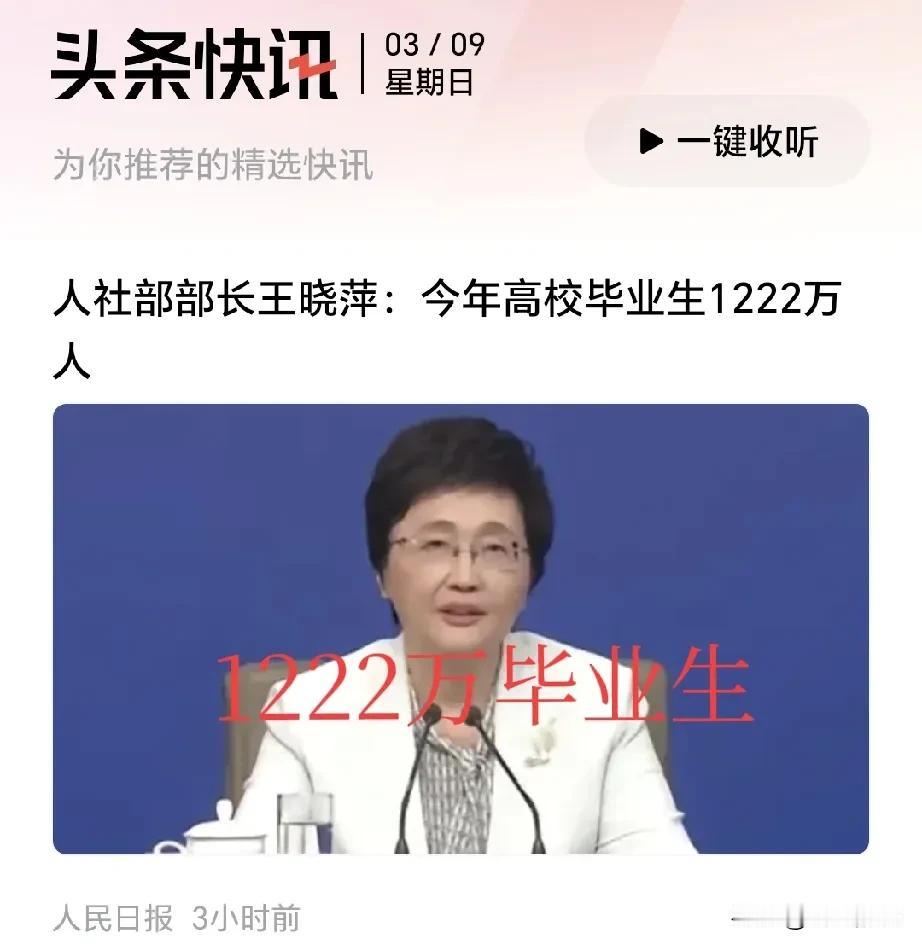 人社部部长王晓萍说，今年高校毕业生1222万人…而这1200多万毕业生，有多少