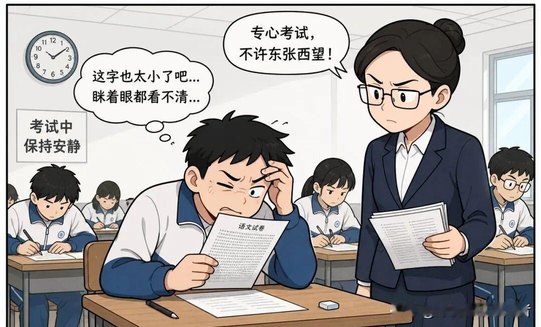 搞笑漫画分享学生：字体能放大吗？老师：为什么？学生：看着清楚。老师：清楚就行，放