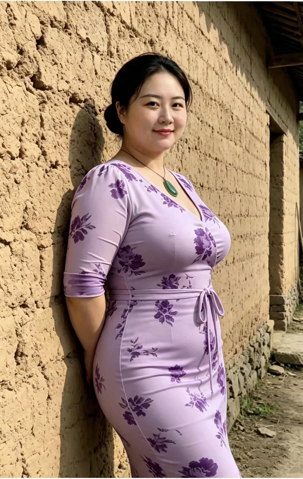 《紫花倚土墙》黄土老墙覆旧霜，紫花罗裙映晴光。玉牌垂颈藏温雅，云鬓盘梳敛