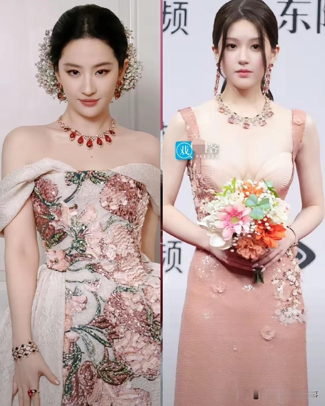 刘亦菲和赵露思同样是佩戴宝格丽珠宝，呈现效果真的不一样，说句95花还是比不过85