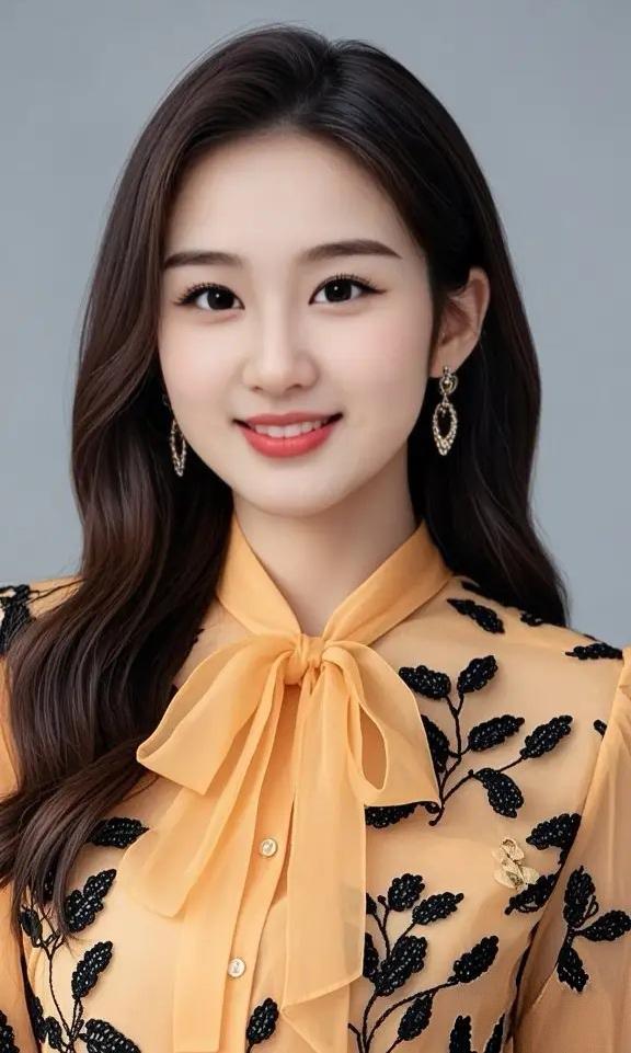 甜美少女风，温柔微笑，优雅耳环，黄色蝴蝶结衬衫，黑色花朵刺绣，完美搭配！