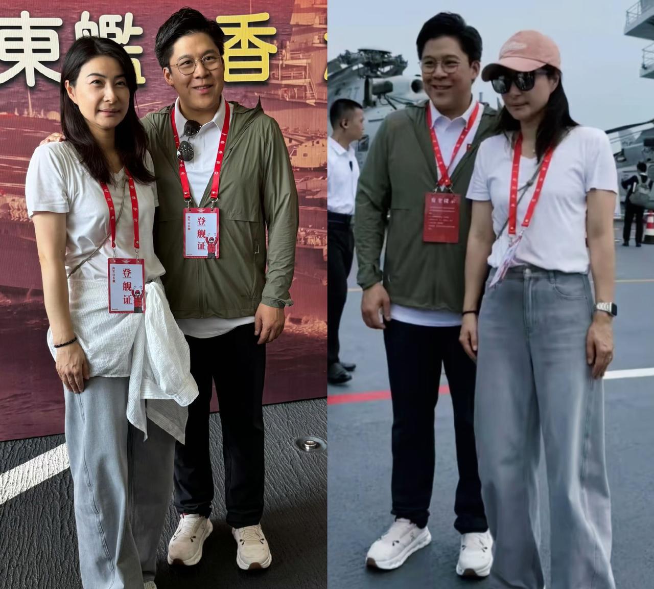 郭晶晶和丈夫霍启刚，公公霍震霆一起参观山东舰，白色T恤搭配牛仔裤，着装朴素，状态