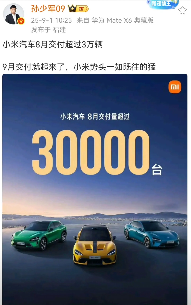 孙少军：小米汽车8月交付超过3万辆，9月交付就起来了，小米势头一如既往的猛！小