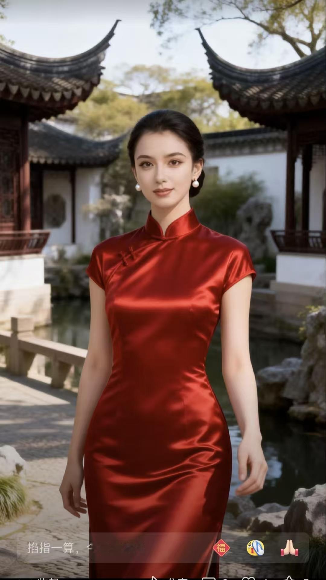 旗袍美女婷婷佳丽韵悠长，袅袅身姿映画章。一袭旗袍称绝配，堪称美界顶流妆。