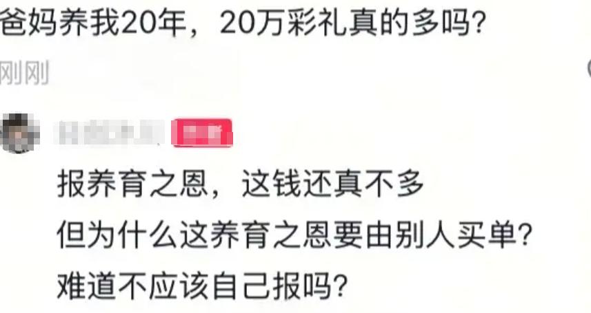 有人发问，爸妈养我二十年，20万彩礼真的多吗？网友神回复：论养育之恩，这笔钱