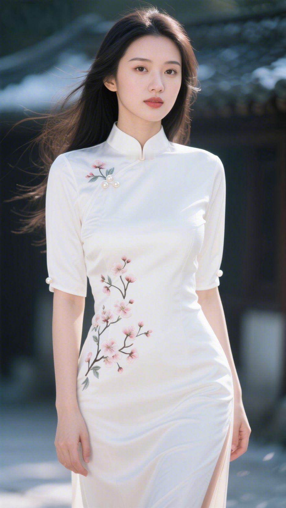 清风拂素裳一袭素白旗袍，揉进了江南的清宁。立领处的珍珠如檐角落雪，襟边疏疏