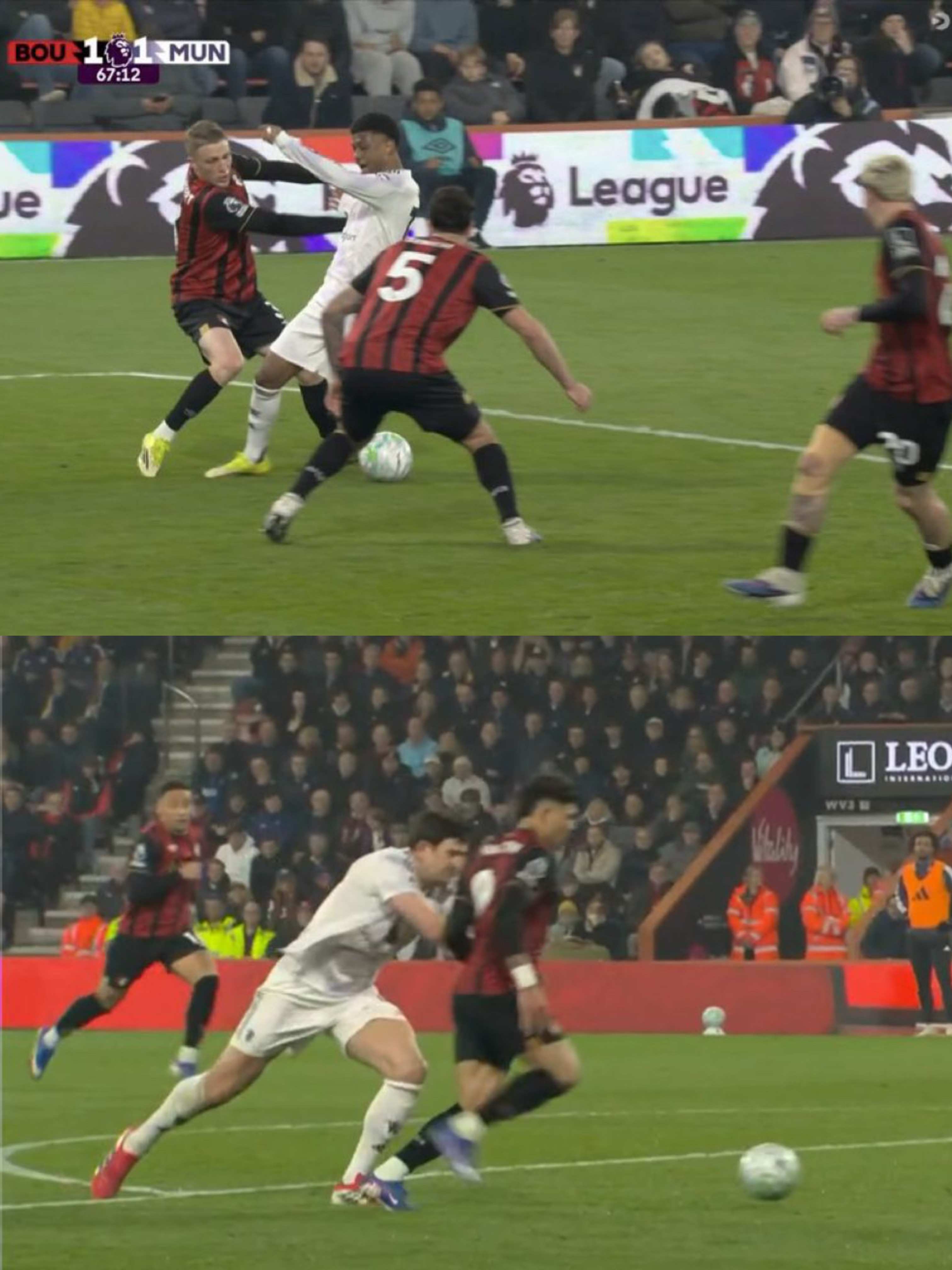 曼联客场被伯恩茅斯逼平，遭遇了严重误判主裁判阿特维尔明显双标，阿玛德在禁区内被拉