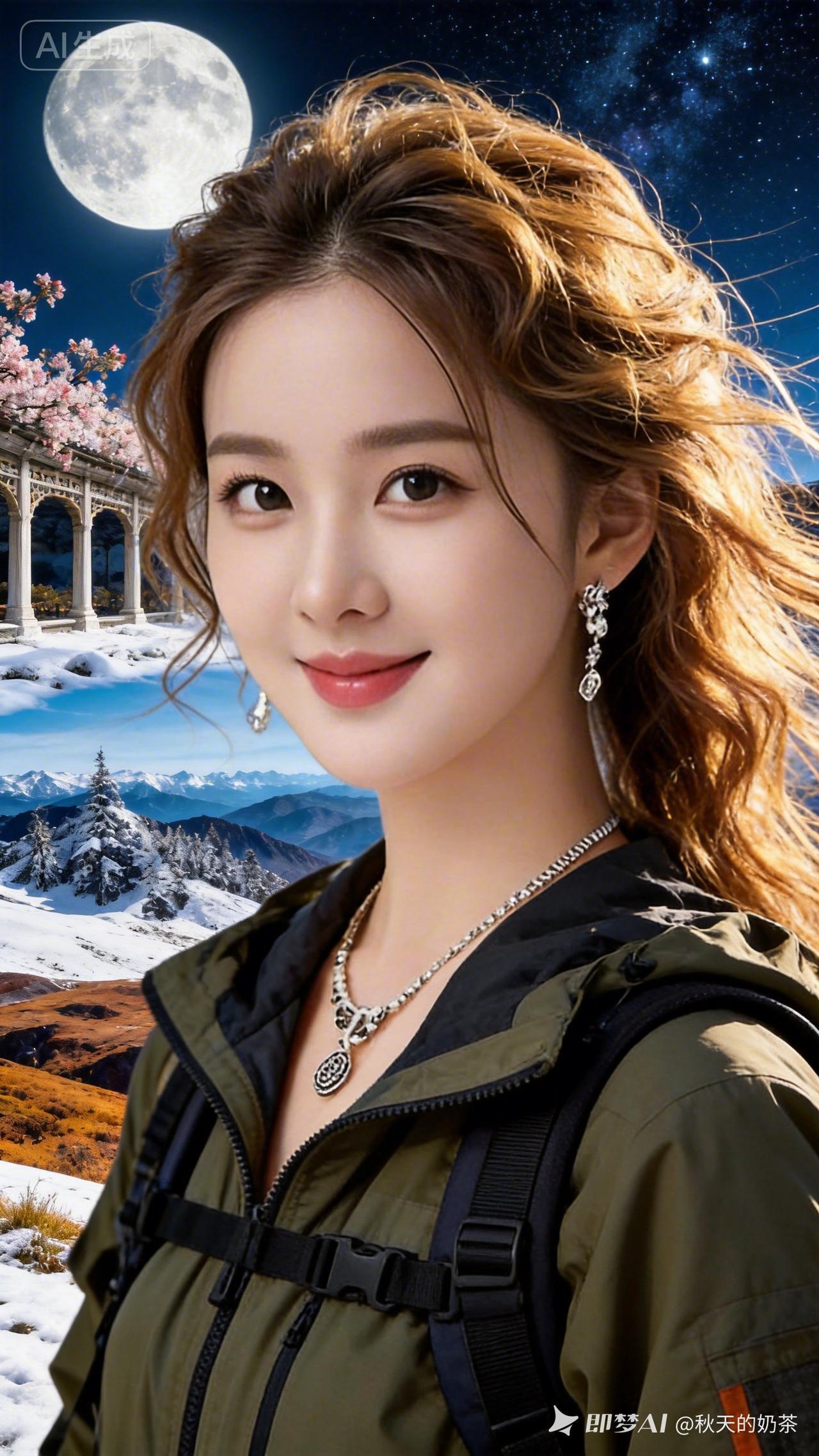 月光下的少女，梦幻的雪景，旅行中的美好瞬间。