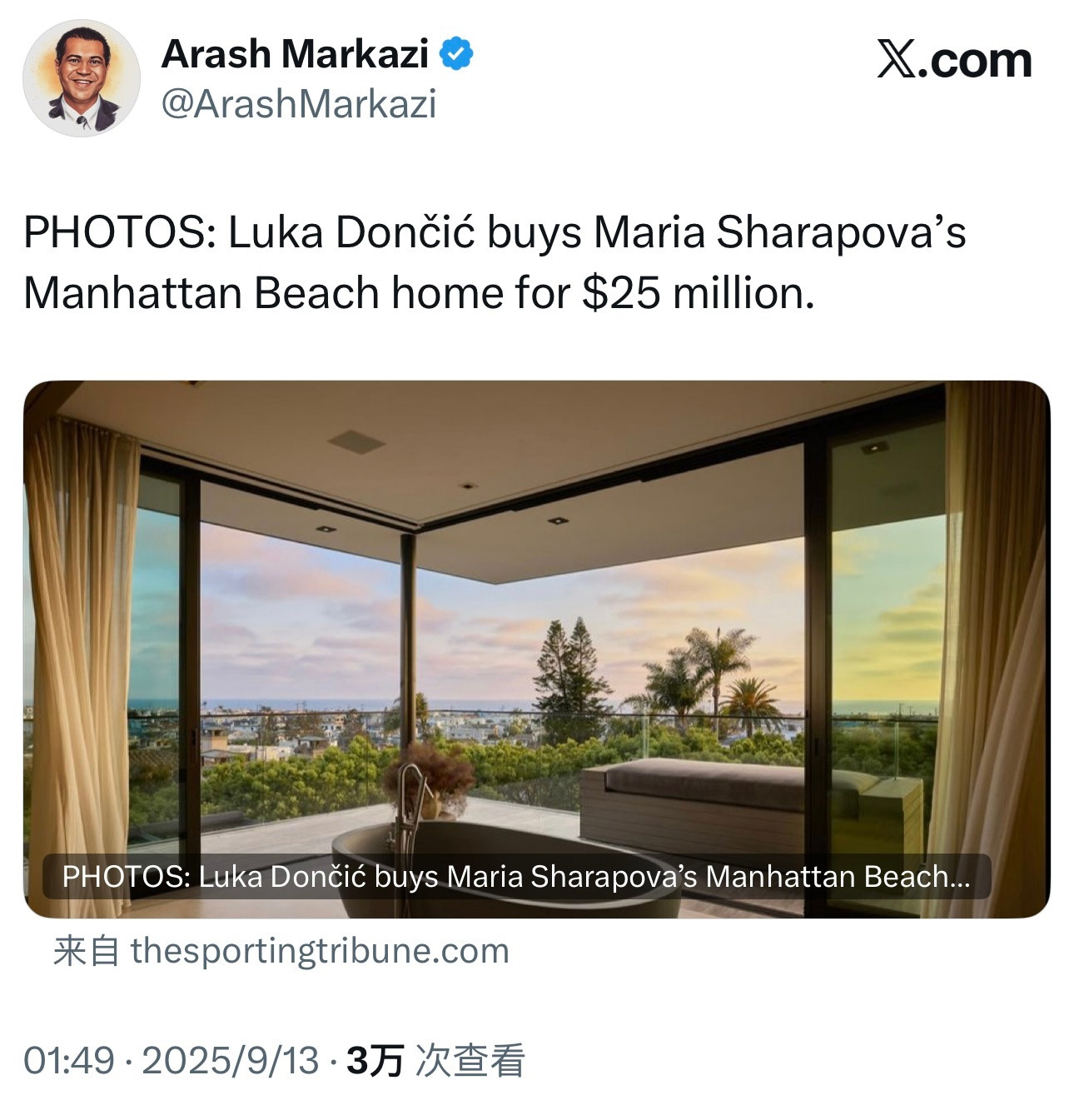 据洛杉矶记者ArashMarkazi报道，湖人球星东契奇近期花费2500万美元