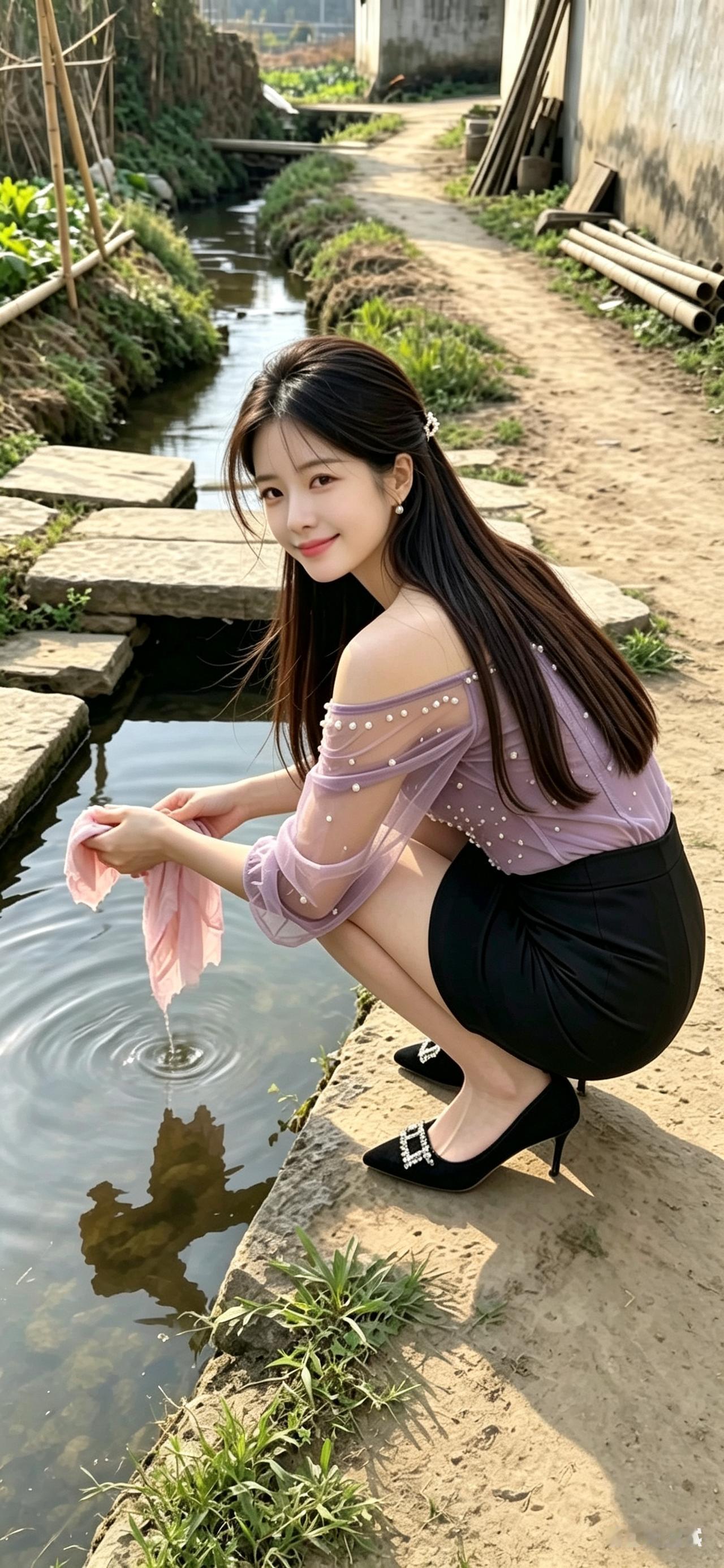 女子身着紫上衣黑短裙，脚踩黑高跟蹲溪边清洗粉色手帕，周边石板小路草木环绕，自然光