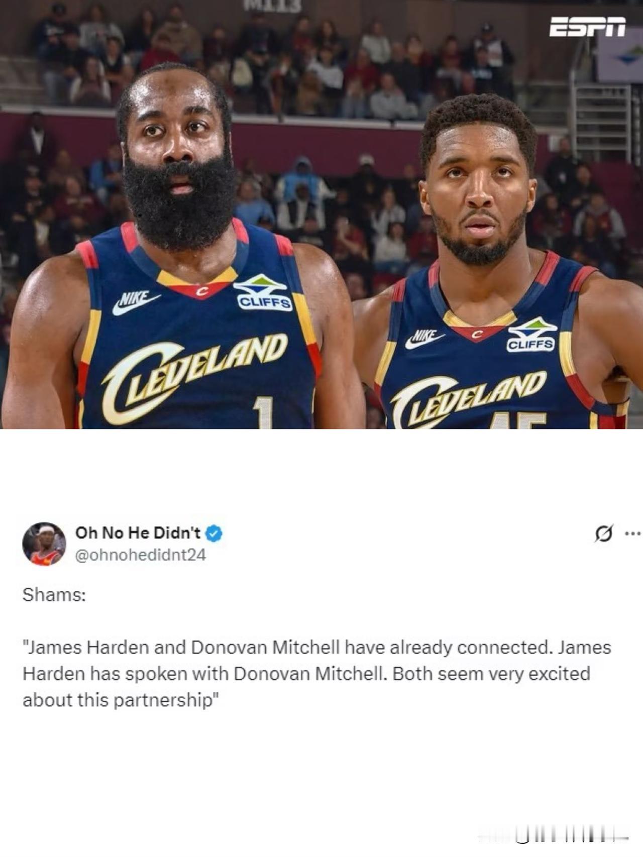 哈登会是力助骑士夺冠的那块最后拼图吗？美名记Shams透露：“哈登已与米切尔取