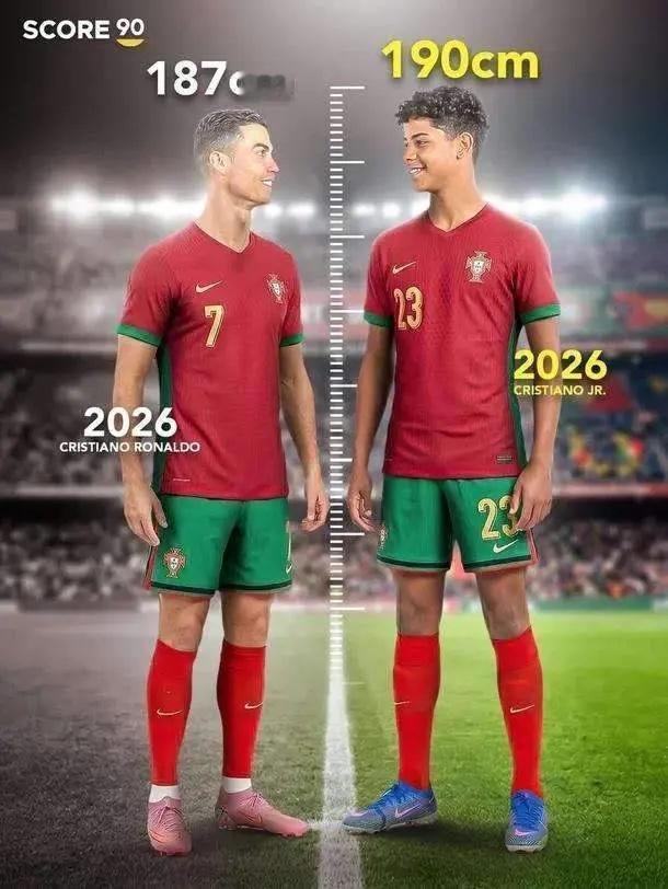 C罗：儿子，你这身高又窜了一截，现在比我高一头了，站在我旁边像个小巨人。儿子