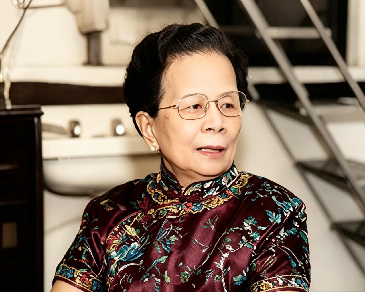 这位身份特殊的老太太穿着一件绛紫色绣花旗袍，领口和袖口滚着精致的边，戴着金丝眼镜