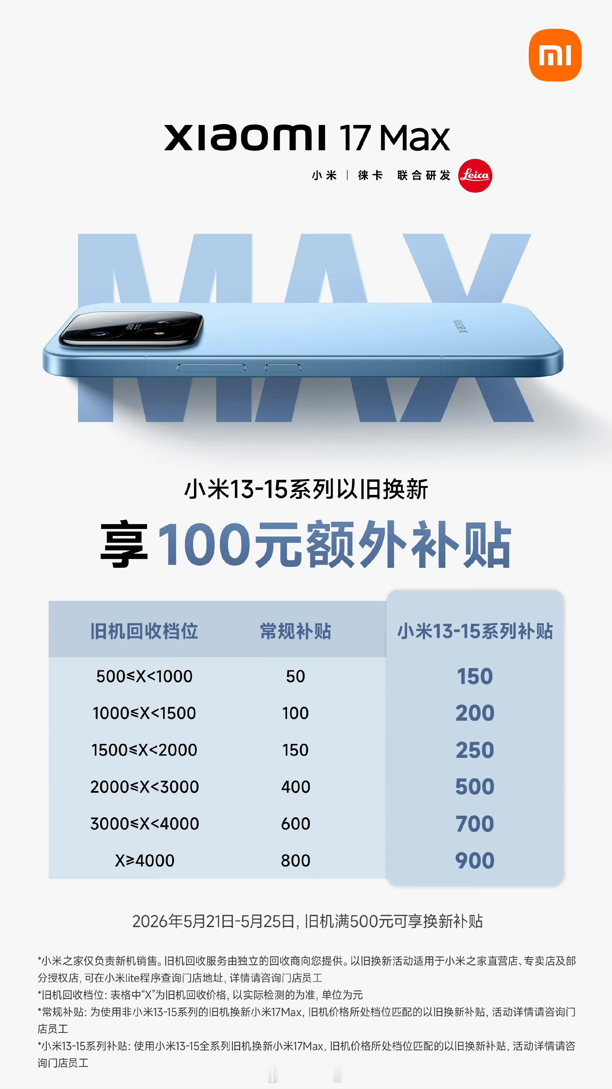 小米17Max这次的以旧换新活动，除了常规补贴之外，还有小米13系列、小米14