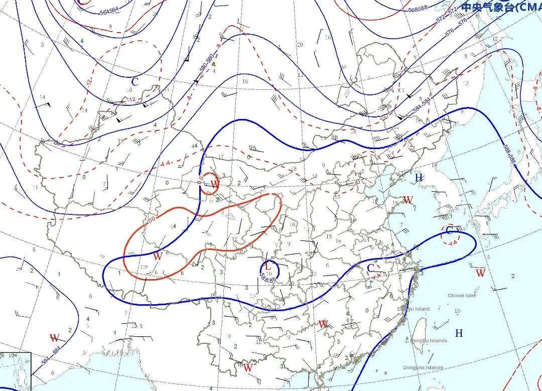 从今天最新的500百帕高空天气形势图看，今天副热带高压再一次大幅度北抬西伸，