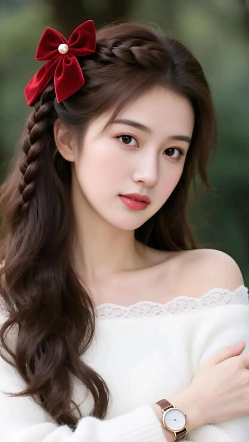 甜美少女风，红蝴蝶结发饰，白色蕾丝毛衣，优雅气质，秒变女神！💖🌸👗