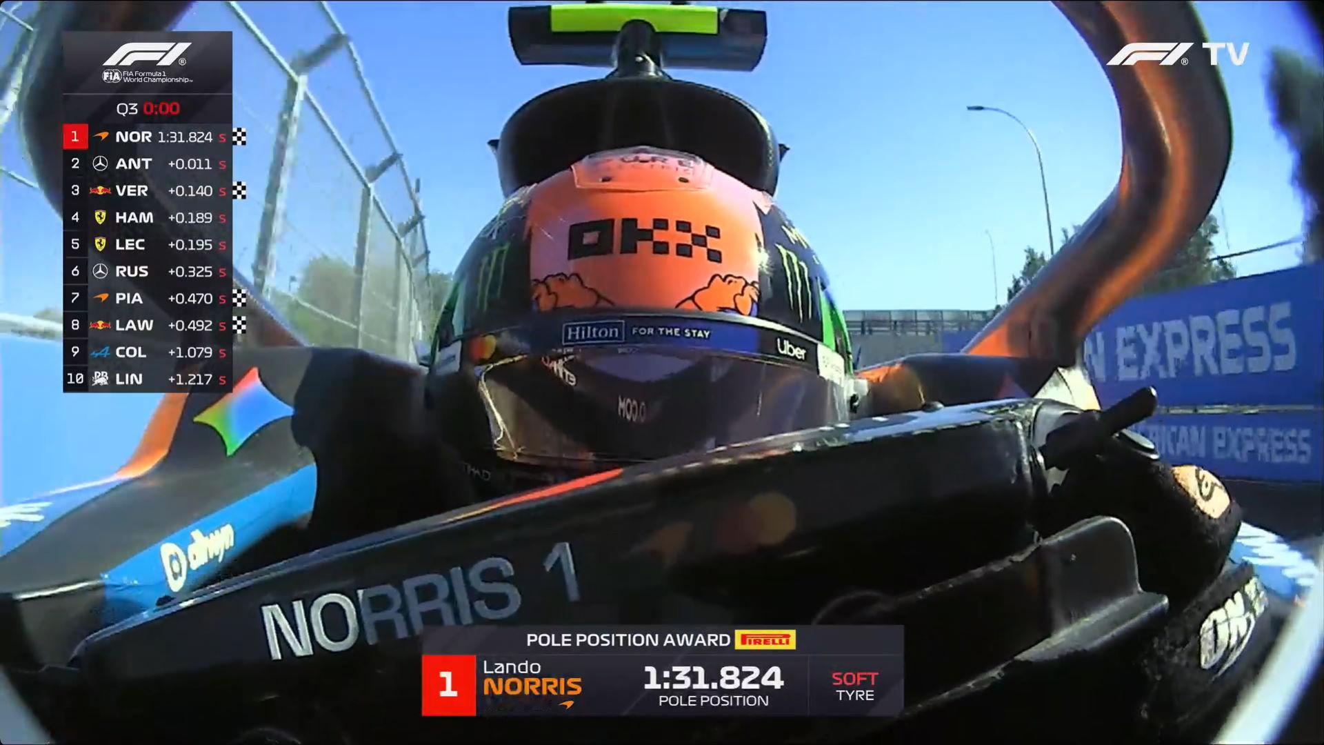 F1西班牙Q3：诺里斯成为首位在马德里环拿到杆位的车手，就领先安东内利0