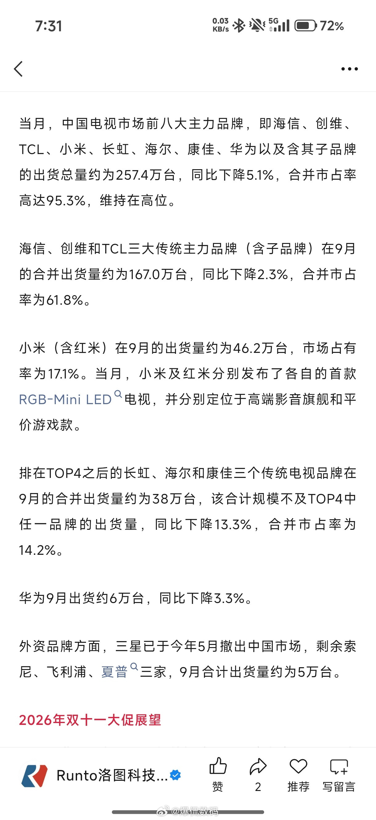 创维电视今年确实猛，之前在国内的销量，一直都是第四位今年已经连续好几个月排名第二