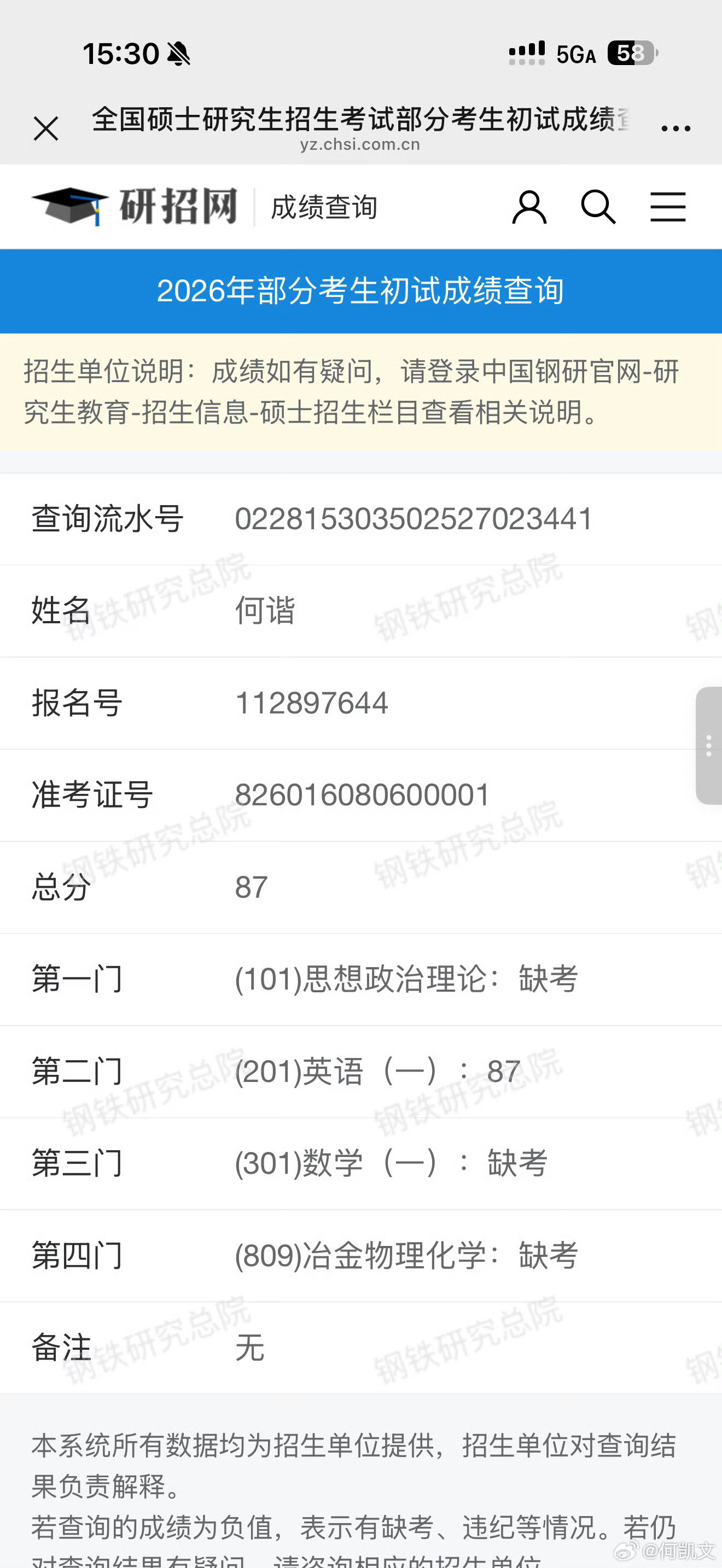 又是一年考研查分日，何凯文默默晒出87分的英语分数，尽管失去的信任很难赢回，评论