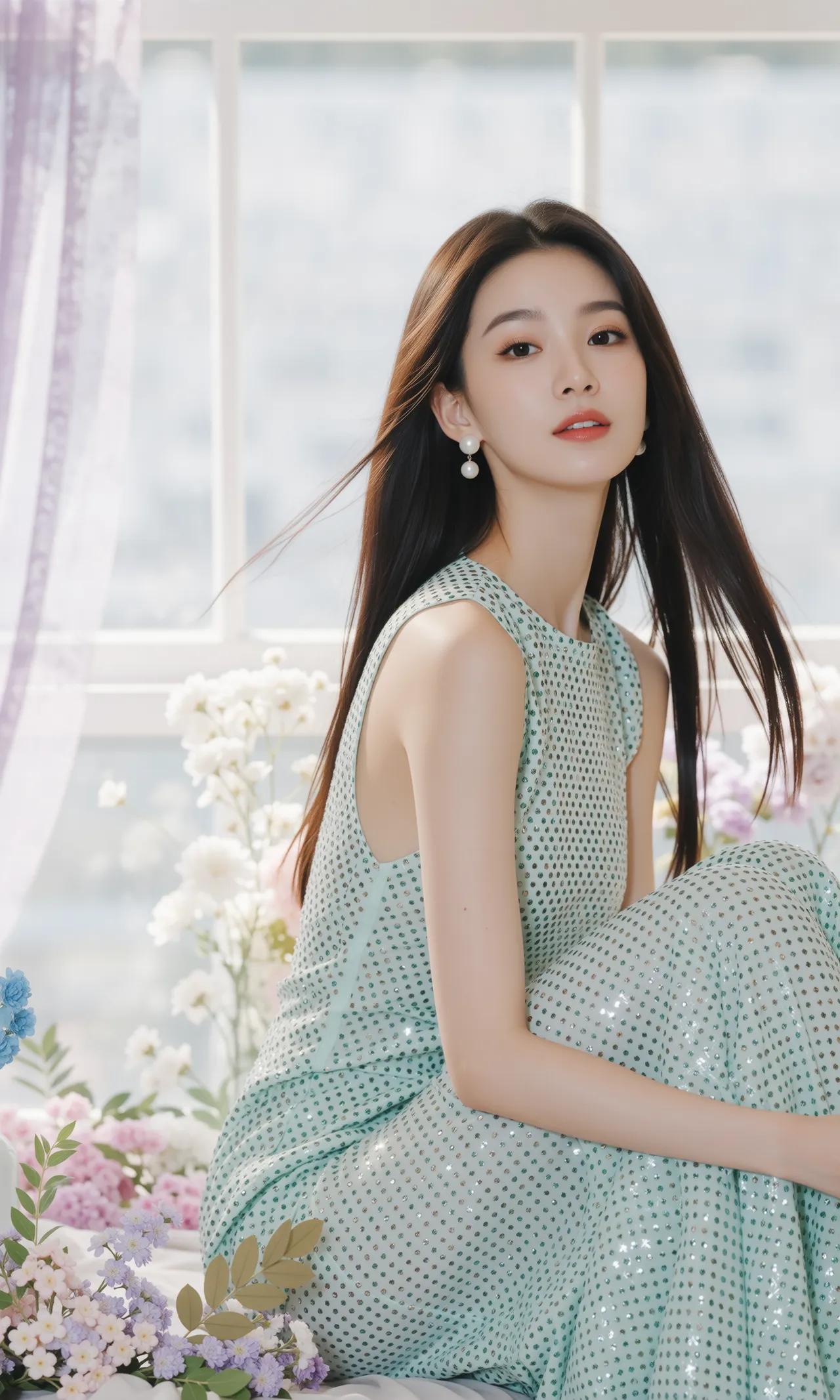 精致的像ai做出来的一样，薄荷女孩衣服很闪亮，颜色很好看，笑容很婉约薄荷色