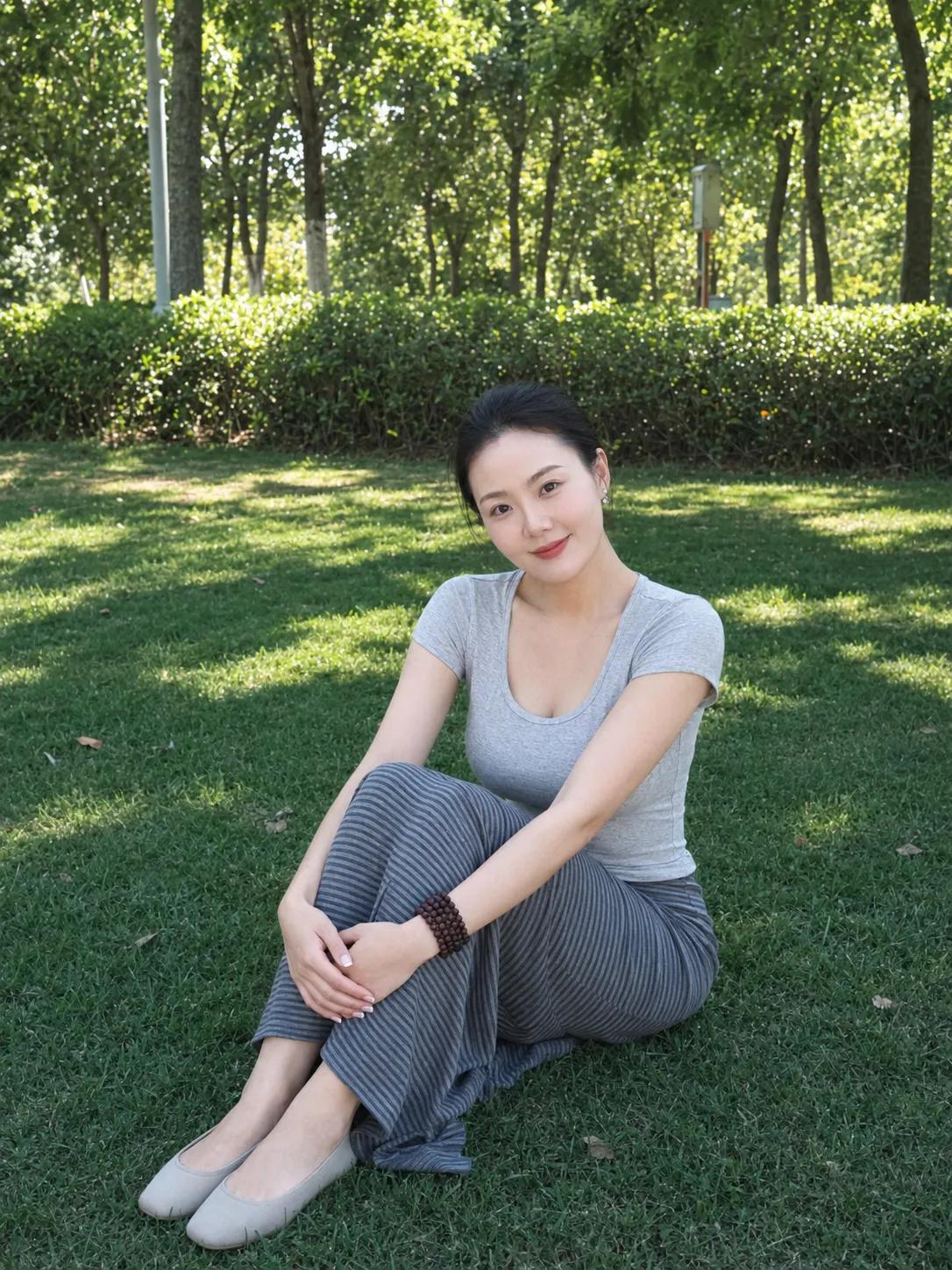 阳光下的优雅时光，静坐绿草如茵的公园，享受宁静与美好。🌞🌿😊