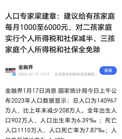 著名人口专家梁建章提出建议：给有孩子的家庭每月补贴1000至6000元！家长