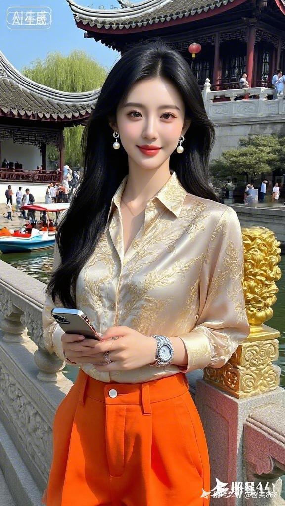 这位美女在风景优美的古桥上自拍。
