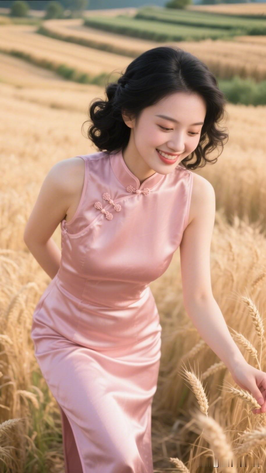 田园少女梦，粉色旗袍与麦田的浪漫邂逅🌾💖高级感穿搭，温柔风穿搭。