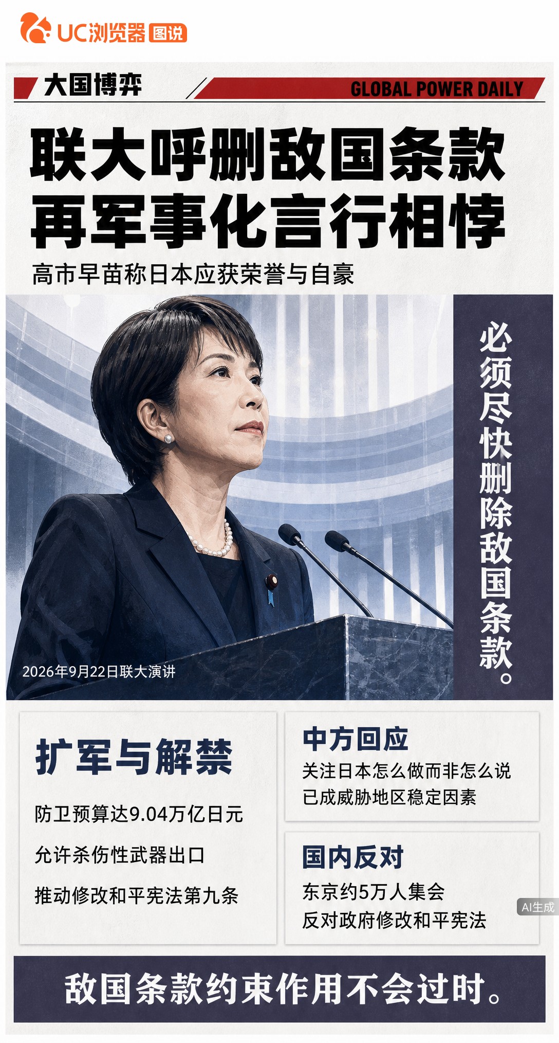 高市早苗联大演讲要求删除“敌国条款”，自称和平国家。但日本防卫预算创新高、解禁武器出口还推修宪，嘴上