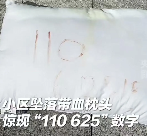 四川乐山，外卖小哥送外卖时，看到一个枕头从天而降，而且上面还用血写着”110、