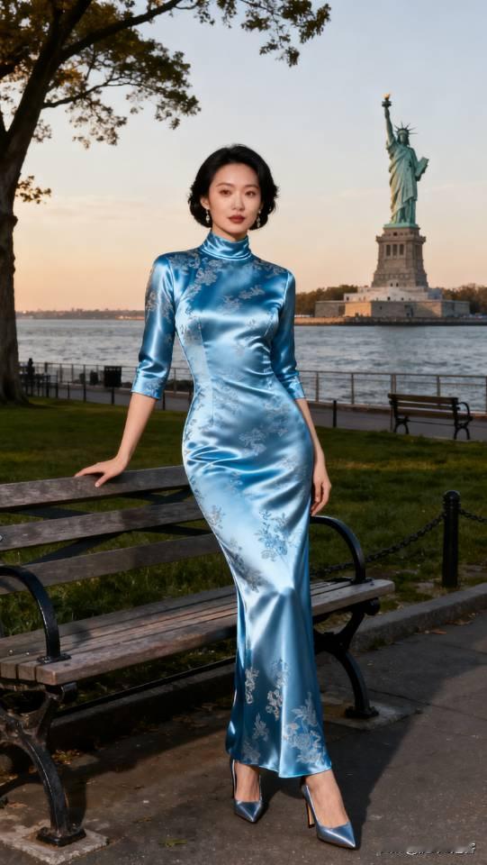 记录我的2026身穿蓝色旗袍裙女子在美国景点留影。旗袍旗袍裙旗袍美女