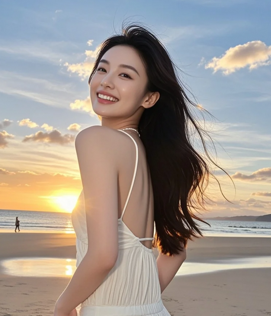 海风调皮，掀起了她的裙摆，也掀起了晚霞