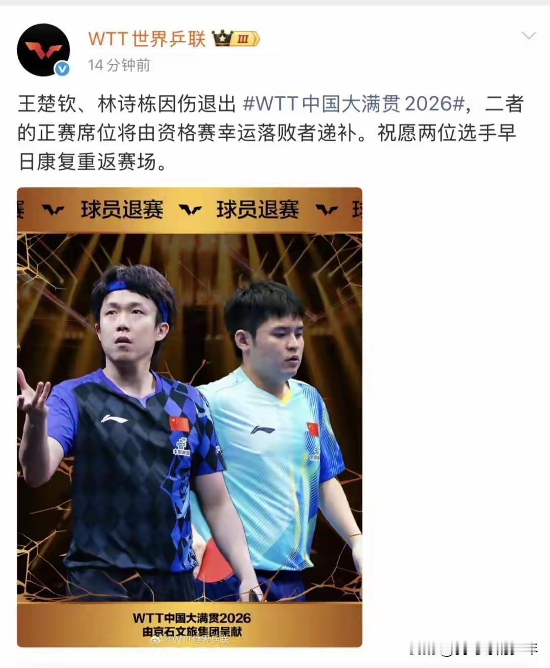 王楚钦和林诗栋双双退赛的后果刚刚从网上看到一则消息，说王楚钦和林诗栋