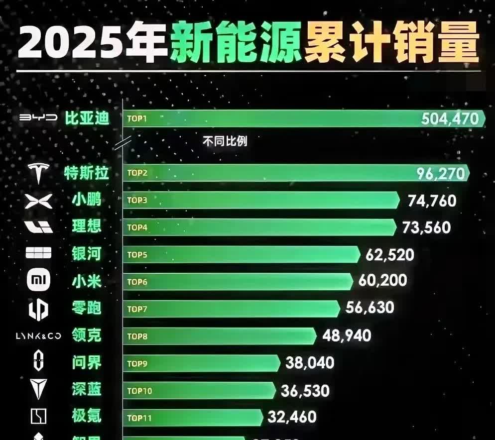 今年新能源车累计销量排行榜，比亚迪独一档存在，和其他车企根本不在一个层次。其次是