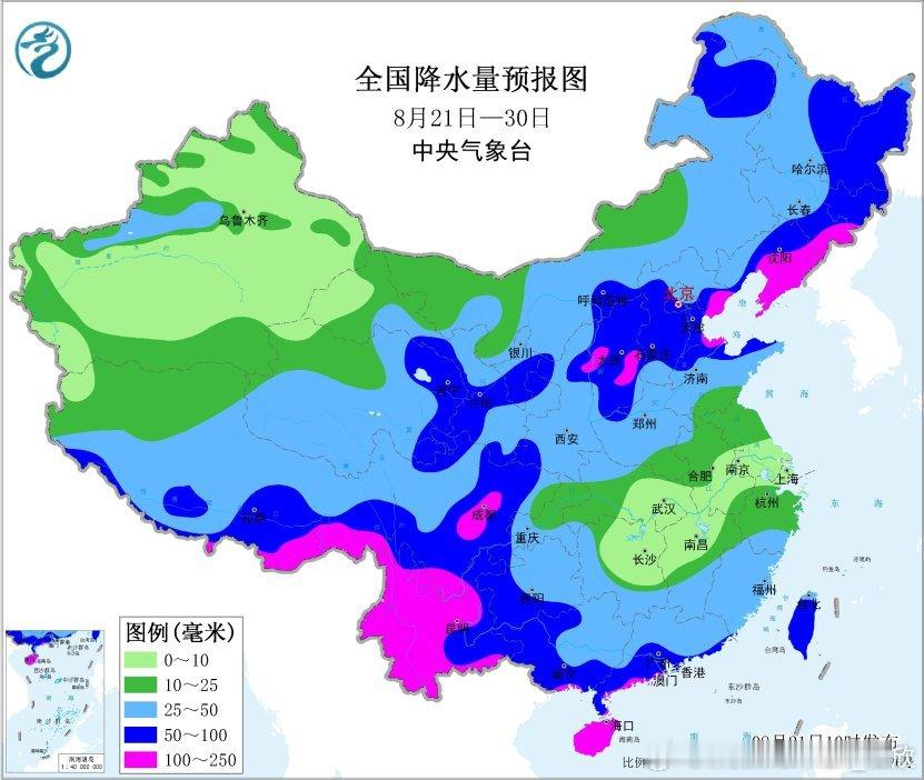 【8月下旬华北东北依然多雨】今天中央气象台给出的中期预报，8月下旬，华北东北等地