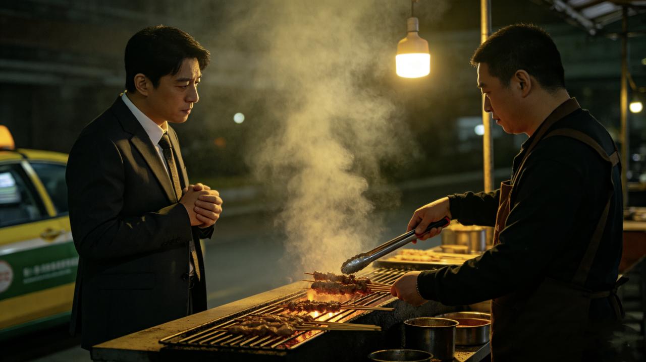 深夜，路边烧烤摊。一个穿西装的男人喝多了，拉着老板的手不放：“兄弟，你说，我每