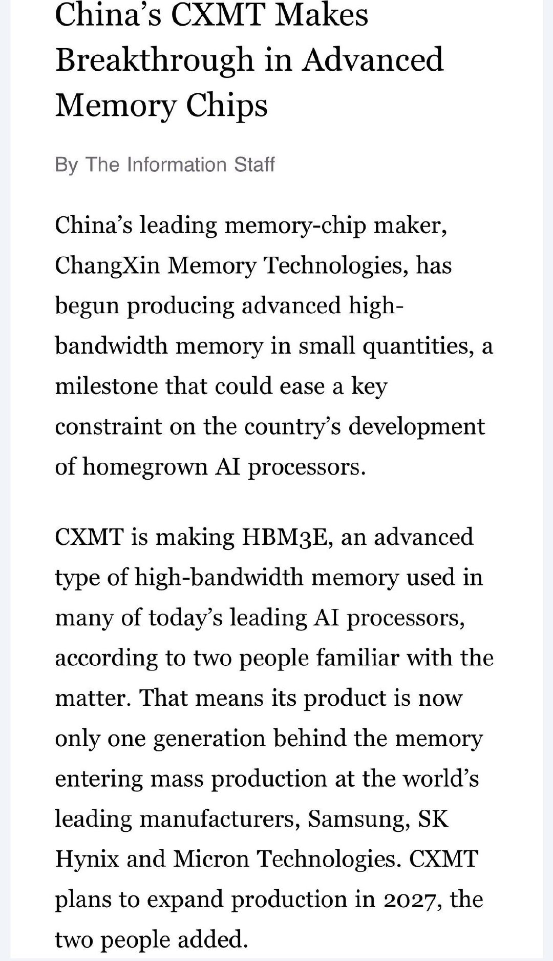 外媒消息长鑫存储开始小批量生产HBM3E，预计2027年开始大规模量产[并不简单]老中在存储芯片领域