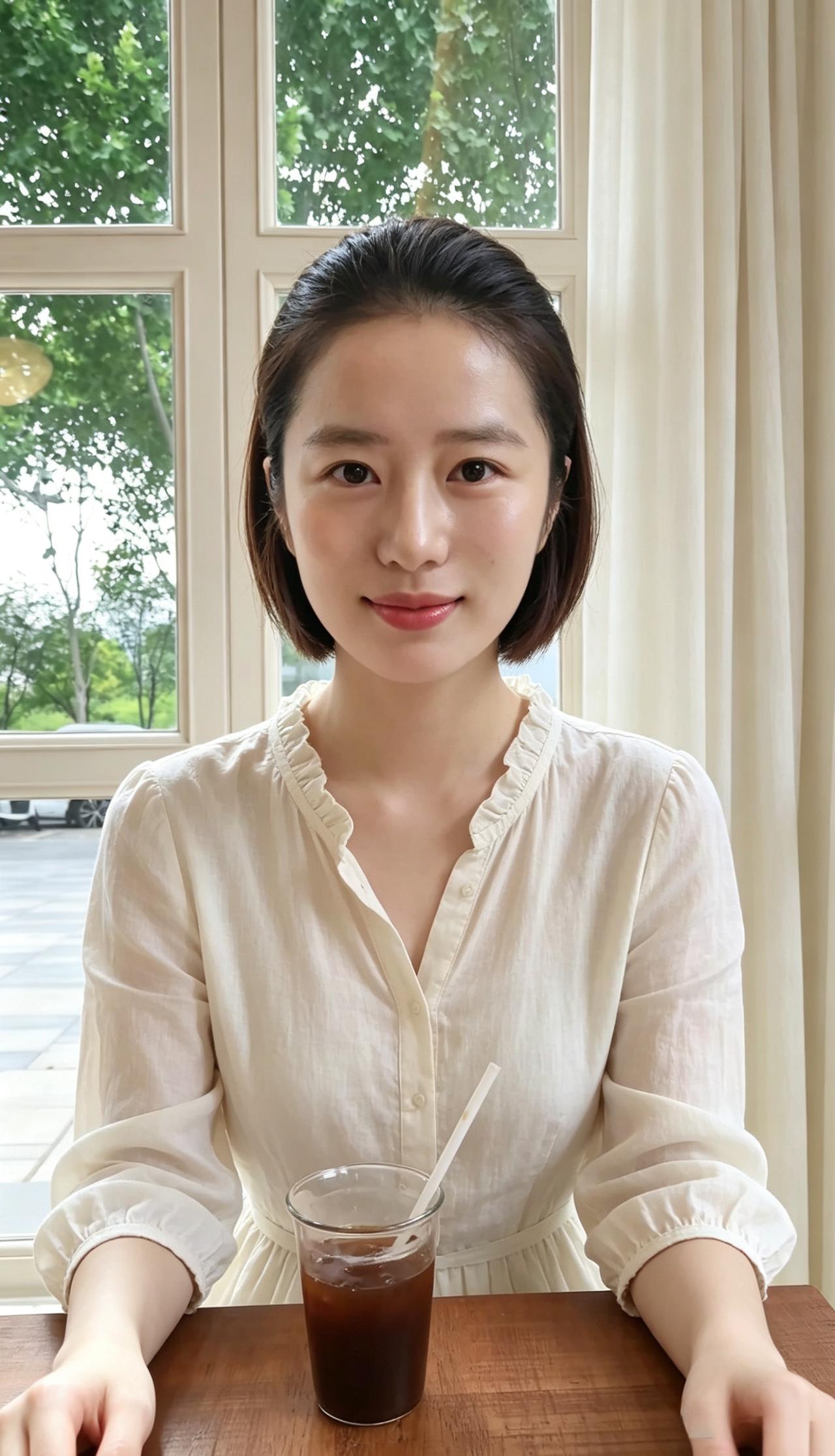 素衫轻拂小窗纱，短发清清爽落霞。浅笑盈盈风暗度，一杯清茗伴年华。