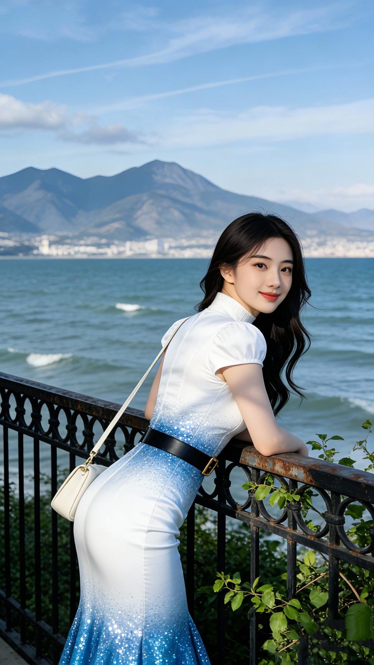 《海畔倩影》碧海衔山入远空，云光轻抹黛眉峰。一袭星锦依栏立，风送温柔